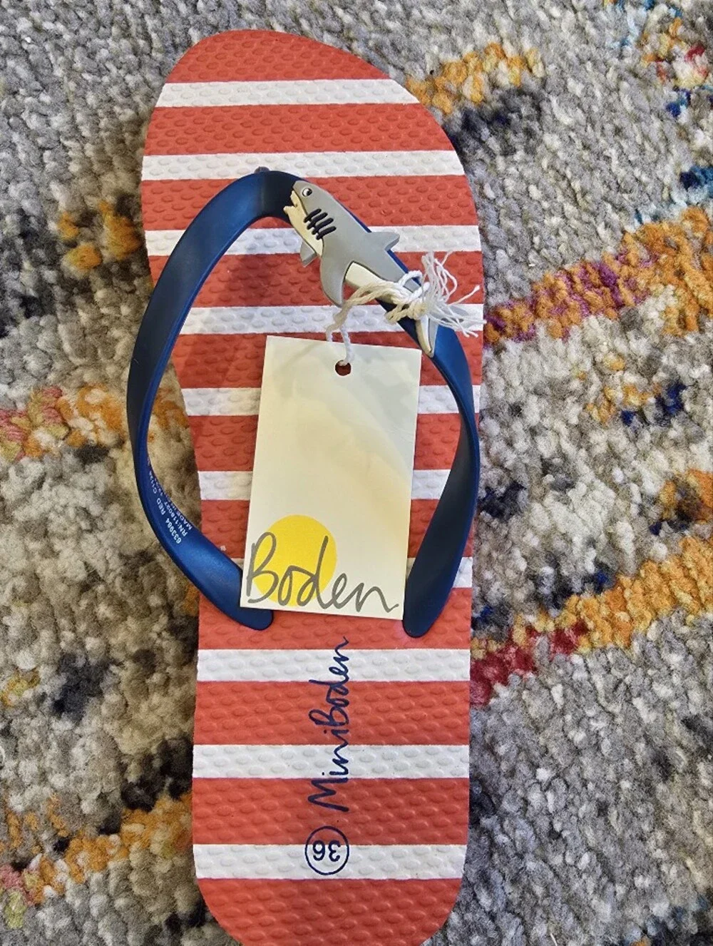 Brand New Mini Boden Striped Coral & White Flip Flops with Shark Accents